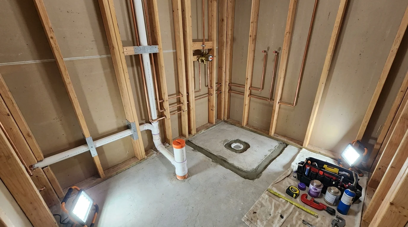Bathroom rough-in plumbing during remodel by Johns Plumbing LLC in Slidell