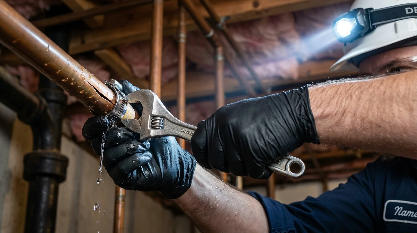 Emergency pipe clamp repair being performed by a Johns Plumbing LLC plumber in Slidell